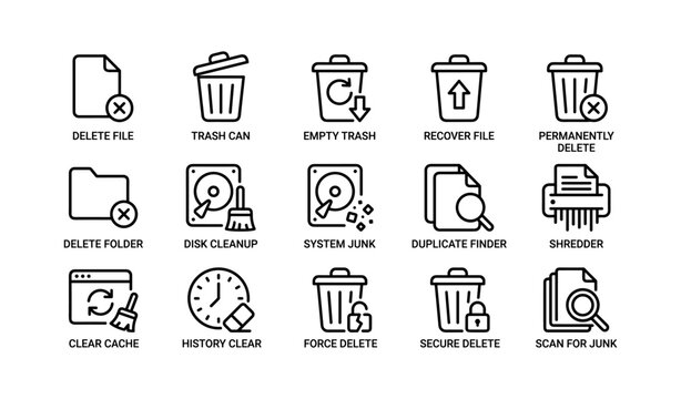 Digital waste management icons: delete, empty trash, recover, shredder, clear cache