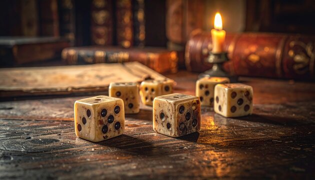 Antique bone and ivory dice scattered on a rustic wooden table illuminated by candlelight, evoking a sense of history and chance.