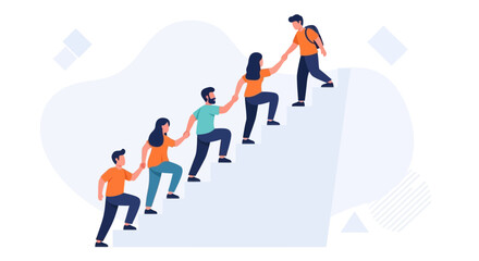 Fototapeta premium Teamwork climbing stairs, helping each other to reach success, unity, support, collaboration