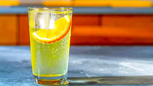 A refreshing glass of lemonade with ice and an orange slice on a bar counter in a modern restaurant video
