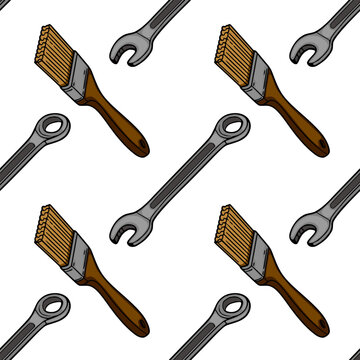 Seamless vector pattern of paint brushes and wrenches, perfect for DIY and renovation themes