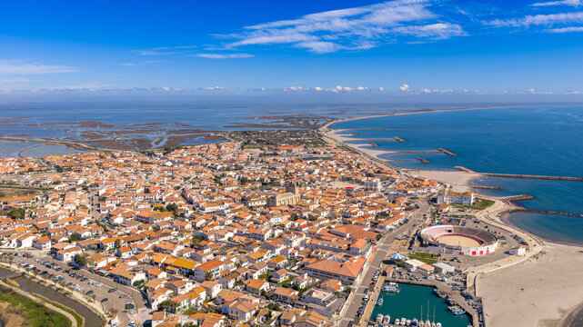 aerial panoramic view of the town of Saintes Maries de la Mer, in the Bouches du Rh&ocirc;ne, in Provence, France