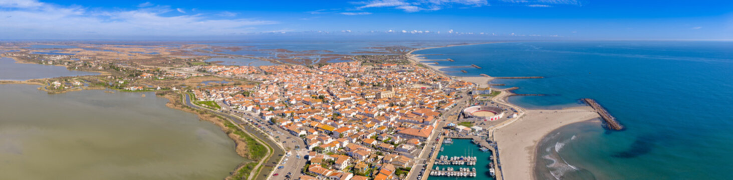 aerial panoramic view of the town of Saintes Maries de la Mer, in the Bouches du Rh&ocirc;ne, in Provence, France