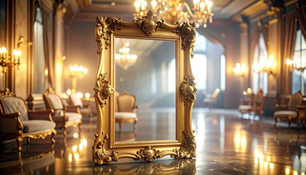 An antique gilded mirror with an ornate rococo frame reflecting a dimly lit luxurious room