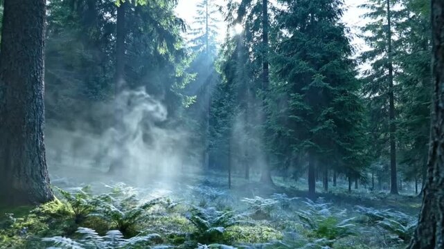 mysterious misty forest with sun rays through tall pine trees and green ferns