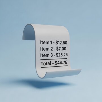 Receipt with itemized list and total cost on light blue background