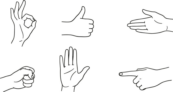 Hand gesture communication icon set, expressive symbol illustration, common signal artwork collection