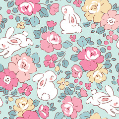 Cute tiny white rabbits with spring floral. Seamless vector pattern. Liberty floral design on isolated background. Hand drawn Easter bunny pattern. 