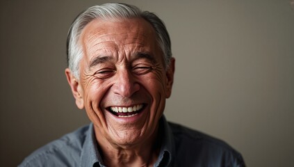 Laughing senior man showing teeth and deep wrinkles in studio portrait, wearing grey collared shirt
