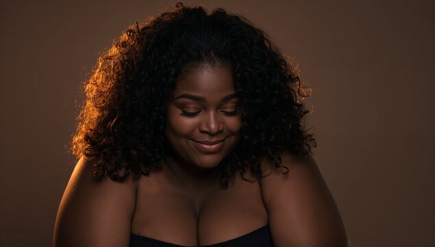 Posing adult woman wearing dark strapless top in studio portrait, hair catching warm rim light