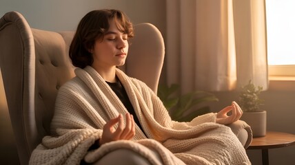 Fototapeta premium A serene young woman meditating in a tranquil space.