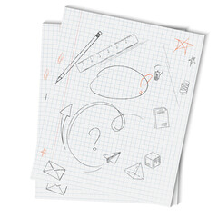 Hand-drawn doodles and sketches on graph paper, featuring various objects and symbols related to ideas and creativity.