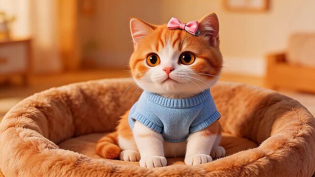 Cute orange cat in sweater and bow
