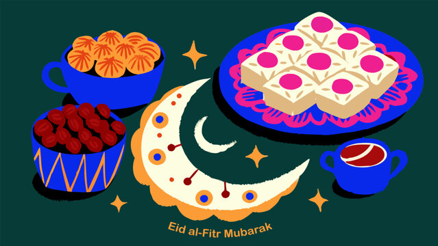 Celebrate Eid al Fitr with traditional sweets and dates, a festive graphic illustration