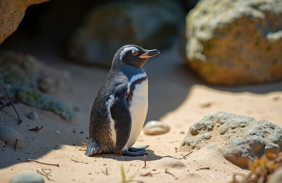 Little blue penguin stands on sandy beach near rocks. This small bird has black and white feathers. It is a wild animal in its natural habitat.