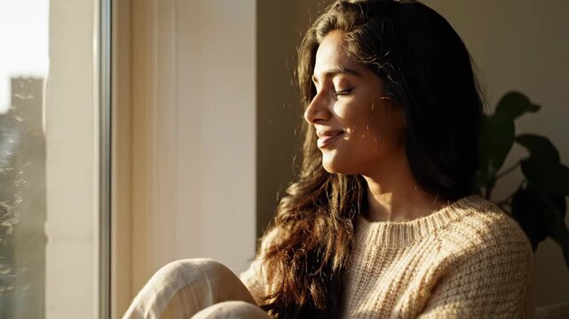 A young woman finds a moment of serene contemplation and warmth while basking in the golden glow of sunlight streaming through her window, embracing inner peace and quiet joy
