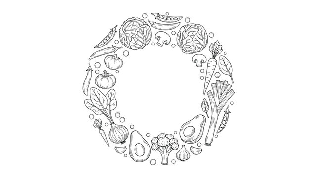 Artistic circular frame made of hand drawn black and white vegetable outlines like broccoli, carrot, and tomato for organic themes.