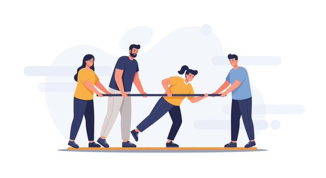 Teamwork Tug of War: Four people pulling a rope, illustrating collaboration and effort