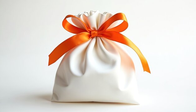 White satin drawstring gift bag with bright orange ribbon bow tie. Minimalist studio shot for elegant packaging or luxury present. Celebratory accessory for any occasion.