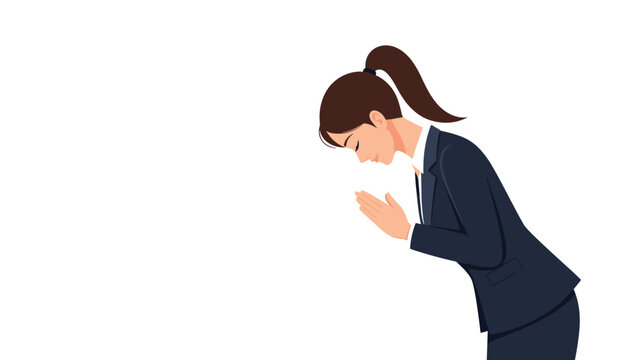 Professional young woman in a business suit performing a traditional polite bow with her hands together to show respect.