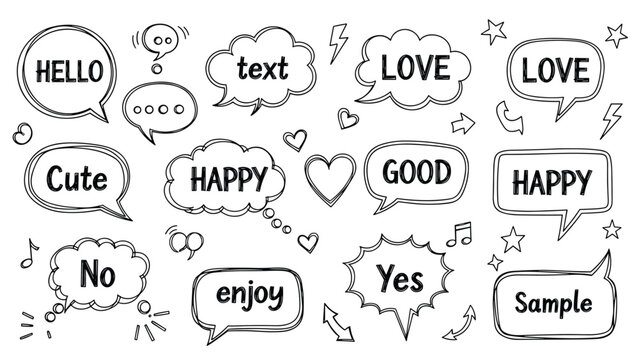 Fun collection of hand drawn speech bubbles and thought clouds containing words like hello, love, happy, and enjoy with icons.