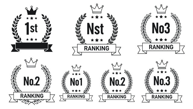 Diverse set of black and white ranking badges for first, second, and third place featuring crowns, wreaths, and ribbons for awards.