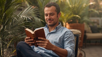 Fototapeta premium Reading man in light blue shirt sitting on plant-filled patio, turning pages of leather-bound book