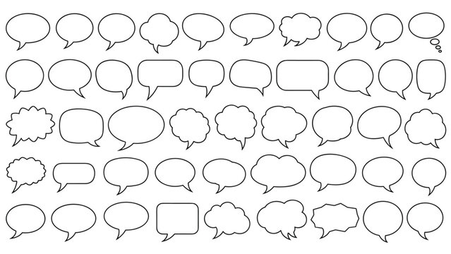 Extensive collection of various empty black outlined speech and thought bubbles in many shapes and sizes is arranged in a grid for graphic design.