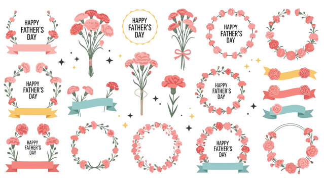 Comprehensive collection of Fathers Day themed designs featuring pink carnation wreaths, bouquets, and banners on a white background.
