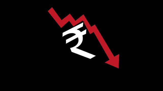 4K Animated Video of Red Downward Arrow with White Indian Rupee Symbol Alpha Transparent, a white Indian Rupee symbol on a dark background, symbolizing financial loss, market decline.