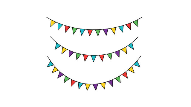 Three rows of colorful triangular flag garlands hanging in gentle curves on thin black strings against a white background.