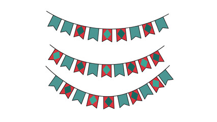 Obraz premium Three rows of teal and red bunting banners where alternating flags feature a contrasting diamond pattern in the center.