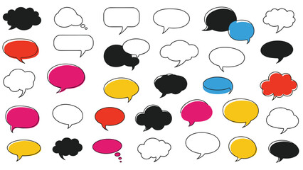 Fototapeta premium Large collection of speech and thought bubble silhouettes in colors like black red pink yellow and blue for dynamic communication design.