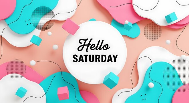 Colorful Hello Saturday Greeting Design Featuring Playful Geometric Shapes and Bright Background Elements