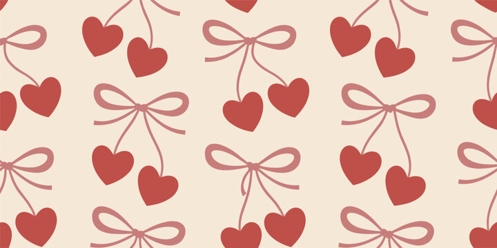 Red heart shapes with pink bows seamless pattern ribbon