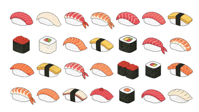 Large set of colorful sushi illustrations displays various types of nigiri and rolls with tuna, salmon, shrimp, and egg.