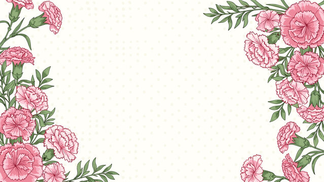 Decorative floral frame for Mother's Day features clusters of pink carnations in the corners over a subtle dotted background.