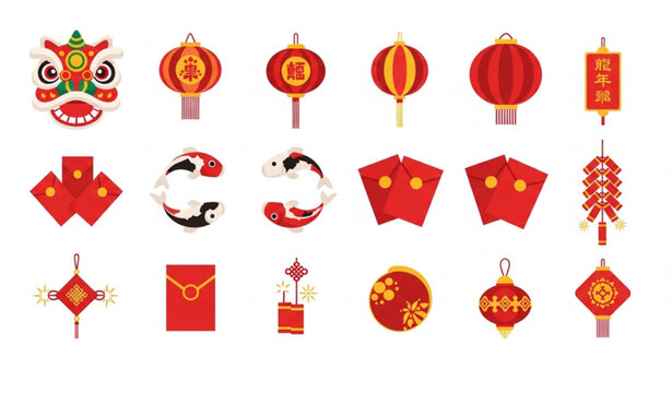 Lunar New Year festival icon set with lion dance head koi fish lantern and red envelope vector