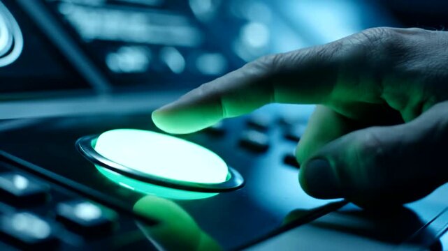 Close-up of a finger pressing a glowing button on a futuristic control panel, activating a system with a bright light.
