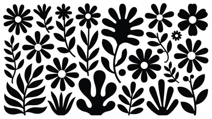 Black and white floral pattern featuring stylized flowers and leaves.
