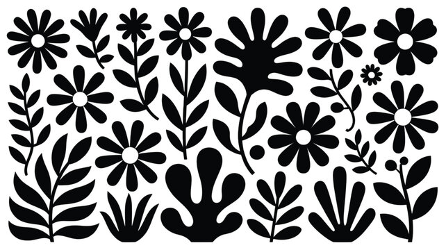 Black and white floral pattern featuring stylized flowers and leaves.