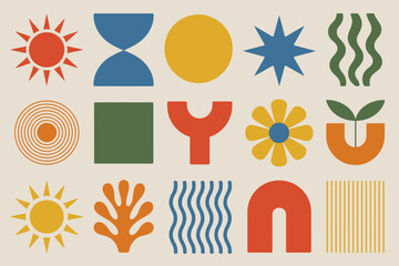 Retro Abstract Geometric Shapes Sun Flower Wave Arch Plant Forms Mid Century Modern Pattern