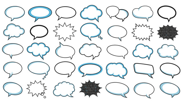 Comprehensive set of speech bubbles in various shapes and outlines includes cloud shapes, stars, and double bubbles.
