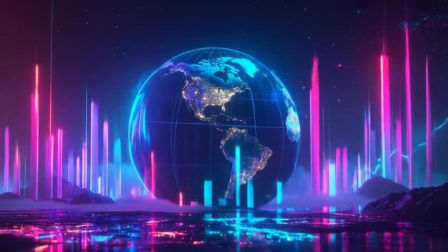 Futuristic digital representation of Earth with neon graphs.