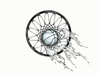 Basketball through net hoop with splash effect top view drawing © Pemburu