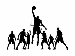 Basketball players silhouette performing slam dunk on white background © Pemburu