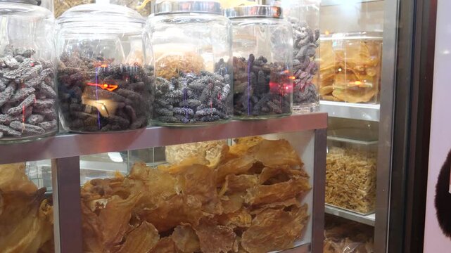 Dried sea cucumbers and fish maws at shop selling traditional Chinese medicine and dried food