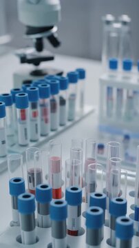Collection of Medical Test Tubes with Blood Samples in Clinical Lab for Professional Health Analysis