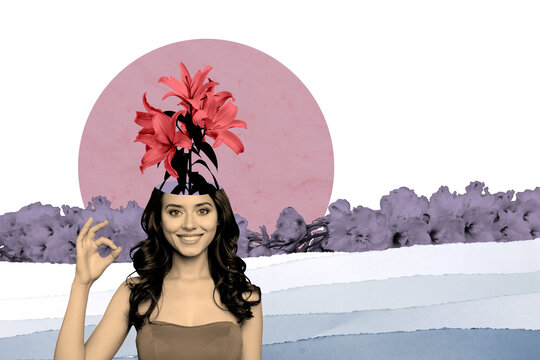 3d sketch poster trend collage of happy girl cut head lily flower bloom show okay gesture spring season walk march holiday