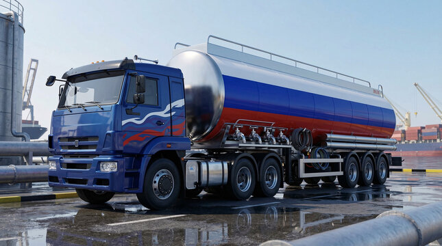 Russian flag colored tanker truck at industrial port with cargo cranes